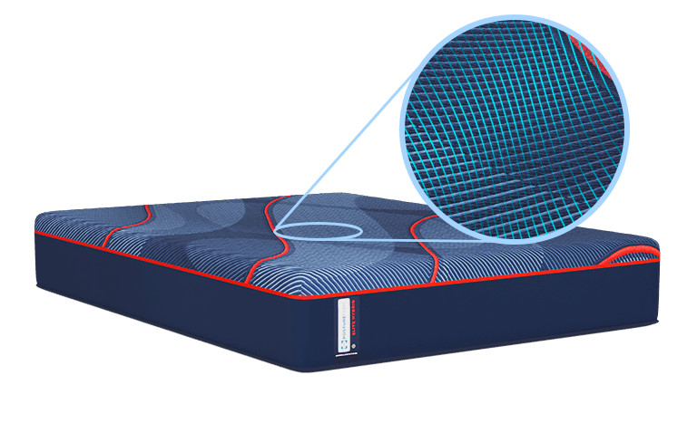 Posturepedic Elite Hybrid mattress with close up on cooling cover
